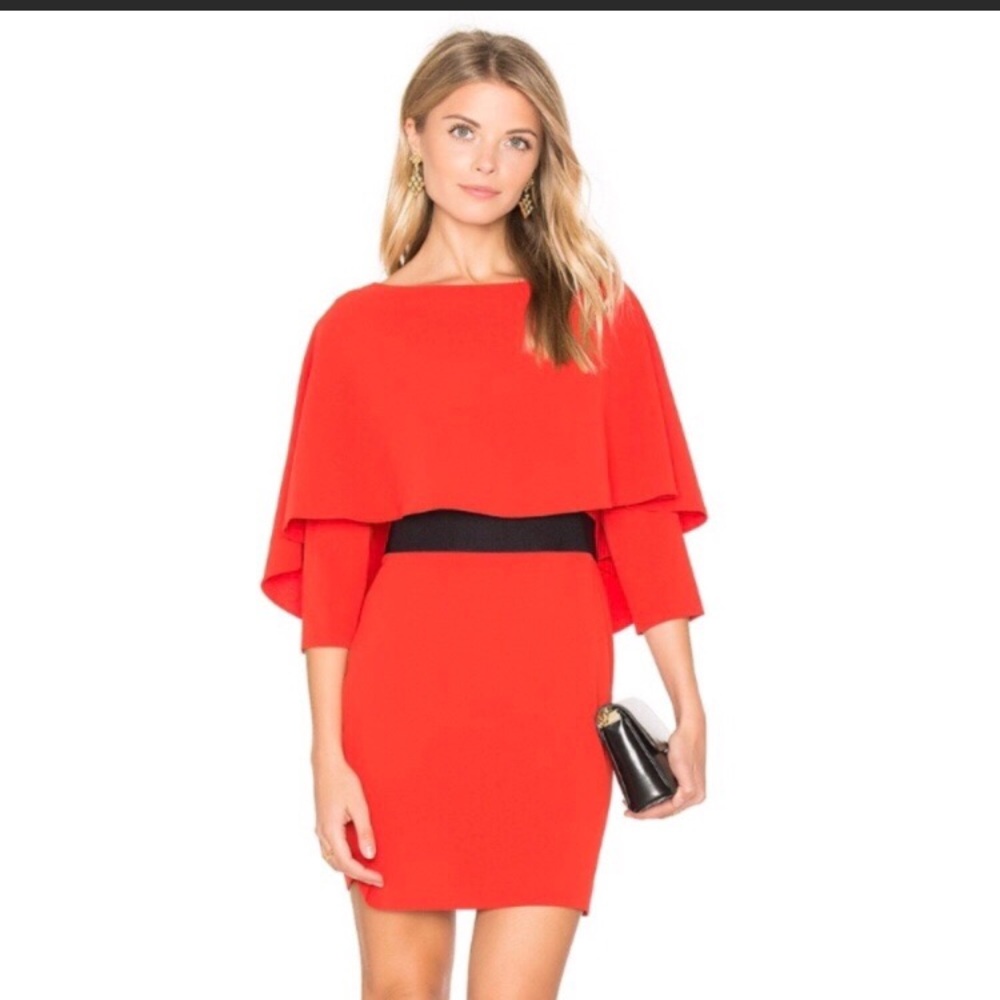 Alice + Olivia Cairo Boatneck Cape Sheath Dress Mini Midi Red Party Wedding